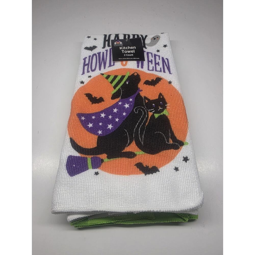 Happy Halloween Kitchen Towels* Cat Dog Theme & Solid Green *14x24 Inch*Set of 2